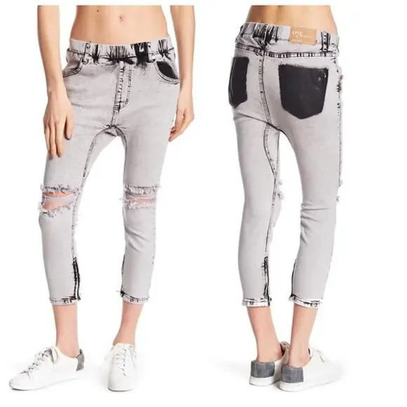 ONE Teaspoon Harley Killers Cropped Skinny Jeans in Black Washed Leather Pockets - Picture 1 of 9